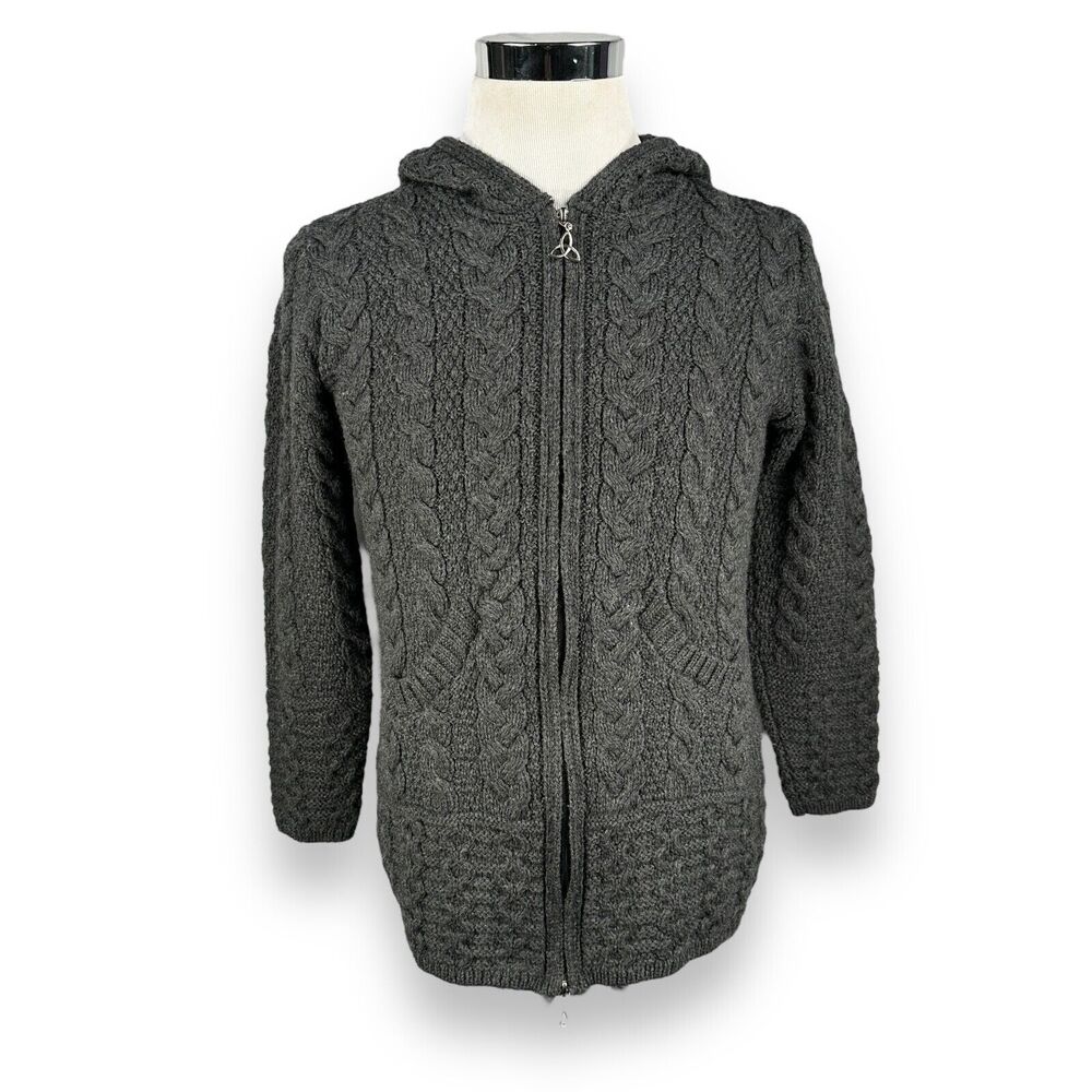 Aran Sweater Market Sweater Jacket Women's XS Fisherman‎ Cable Knit Hooded Gray